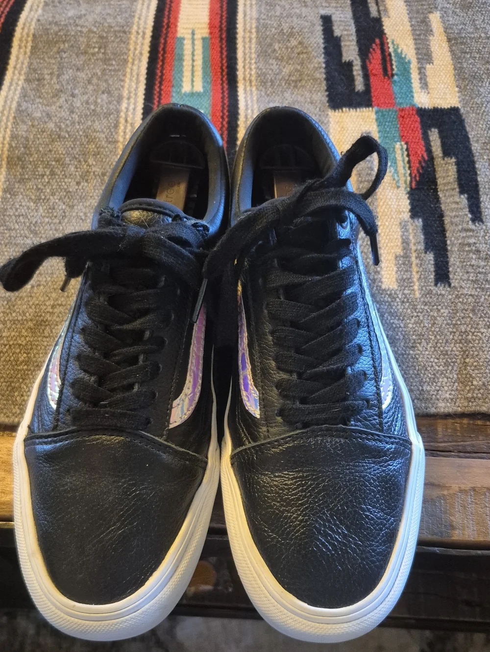 Vans Old Skool Irridised Racing Stripe Black Leather Womens Sz.8. VGC.(#1063sh)